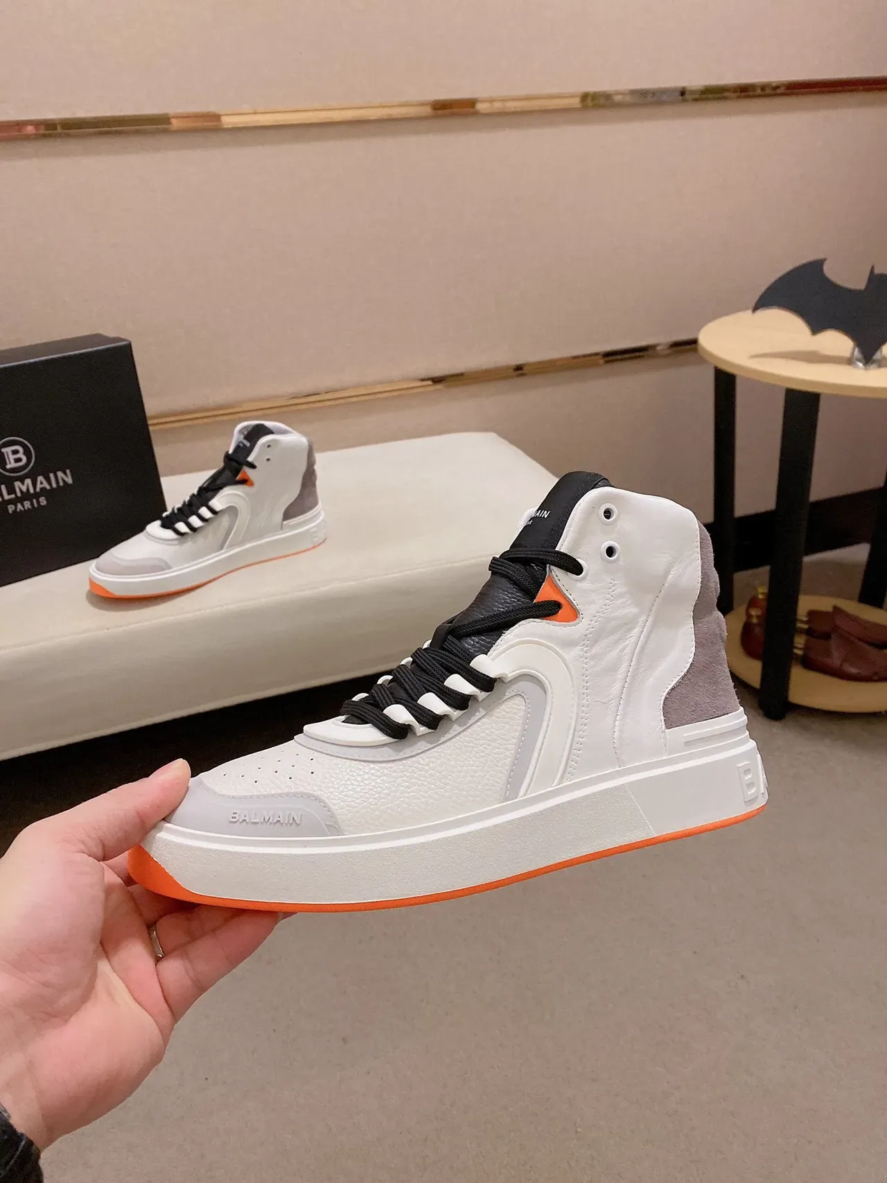 Balmain White Orange High-Top Leather-Suede Hybrid Sneakers 7