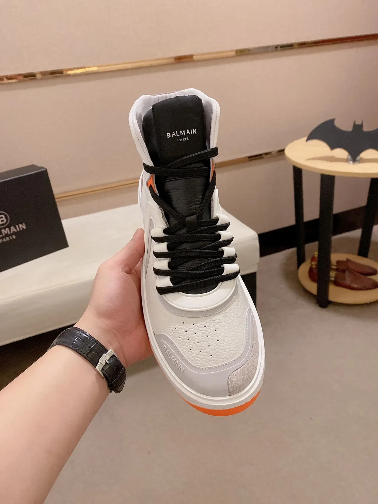 Balmain White Orange High-Top Leather-Suede Hybrid Sneakers 8