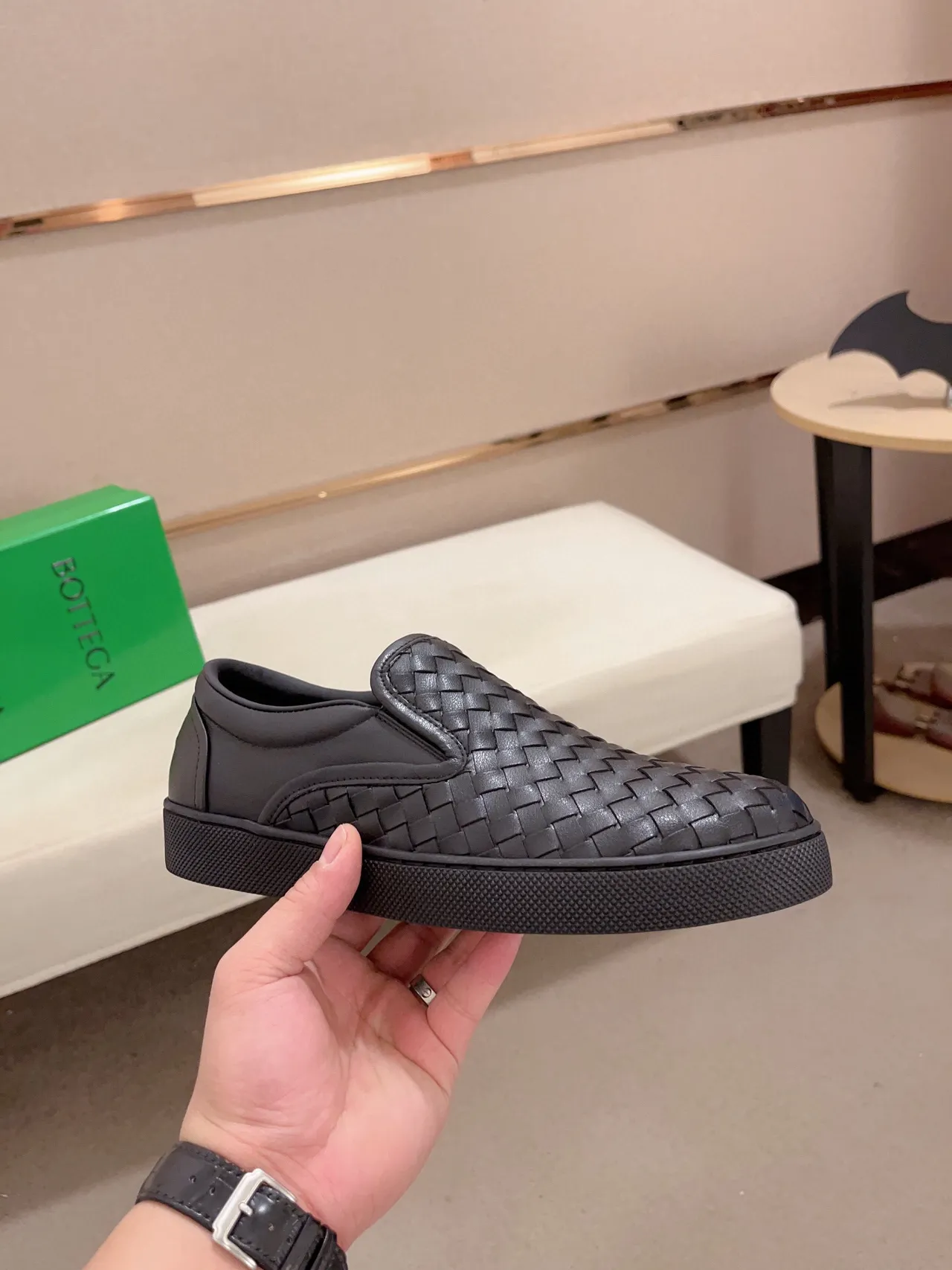 Bottega Veneta Andiamo Preto Intrecciato Tecido Mocassim 4