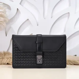 Bottega Veneta Black Gray Intrecciato Woven Leather Flap Envelope Clutch