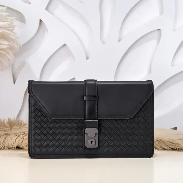 Bottega Veneta Black Gray Intrecciato Woven Leather Flap Envelope Clutch 2