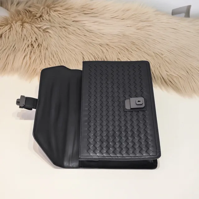 Bottega Veneta Black Gray Intrecciato Woven Leather Flap Envelope Clutch 6