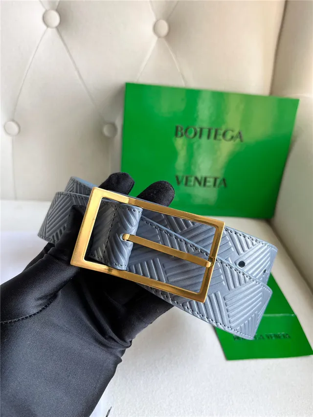 Bottega Veneta Cinto de couro verde prata com padrão geométrico embossado Intrecciato fivela retangular 3