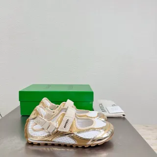 Bottega Veneta Metallic Gold and White Mary Jane Shoes