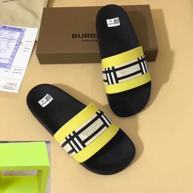 Burberry Black Yellow Flat Sole Wide Elasticated Strap Slippers 2