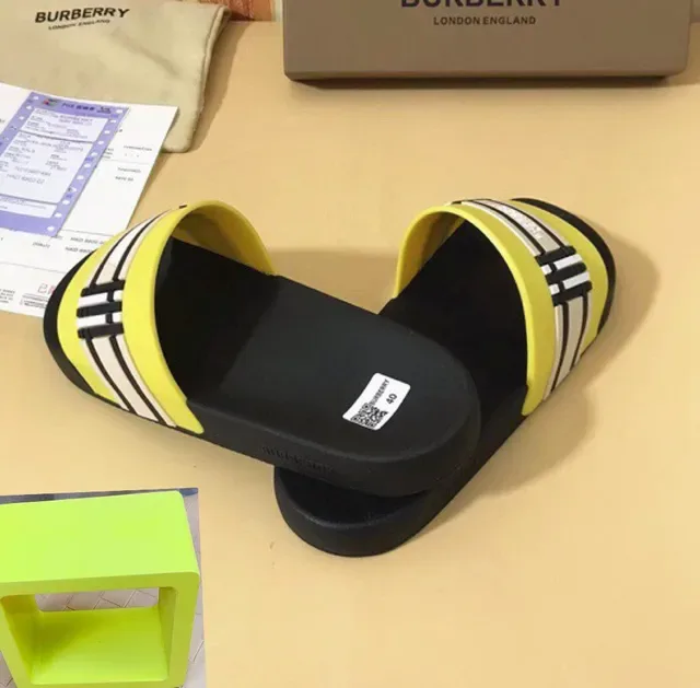 Burberry Black Yellow Flat Sole Wide Elasticated Strap Slippers 4