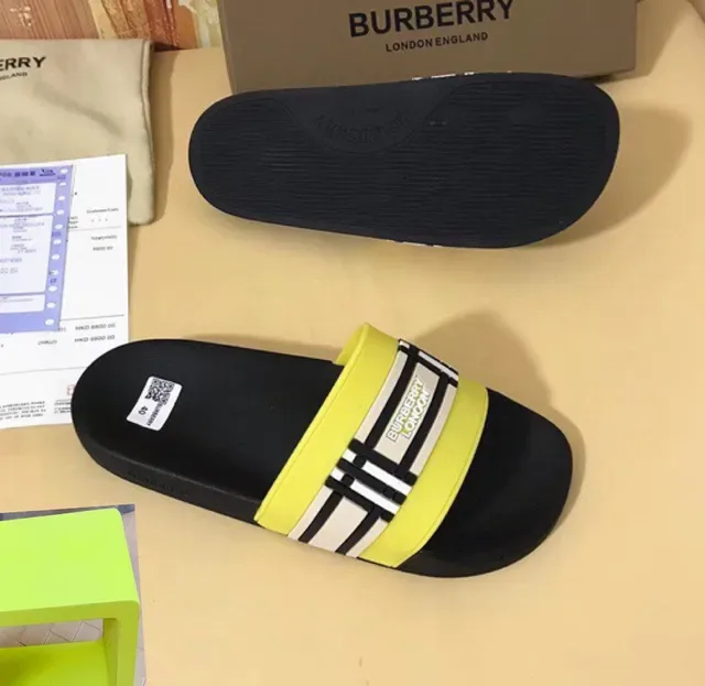 Burberry Black Yellow Flat Sole Wide Elasticated Strap Slippers 5