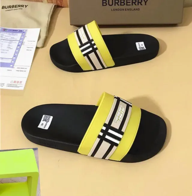 Burberry Black Yellow Flat Sole Wide Elasticated Strap Slippers 8