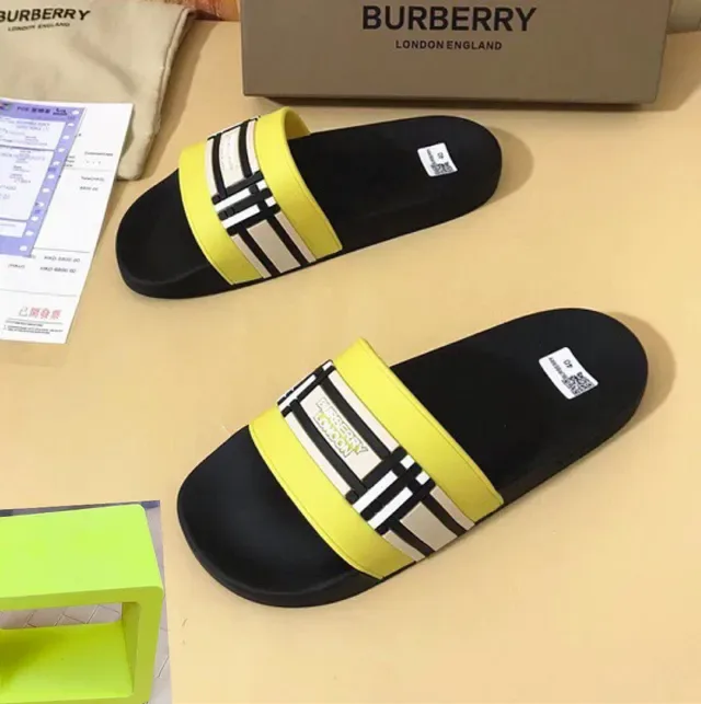 Burberry Black Yellow Flat Sole Wide Elasticated Strap Slippers 9