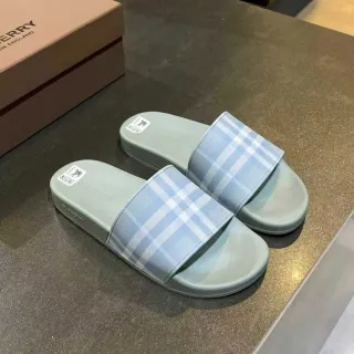 Burberry Blue Beige Molded Rubber Sole Single Wide Checkered Strap Slippers