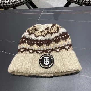 Burberry Fair Isle Beige Brown Knit Ribbed Cuff Beanie