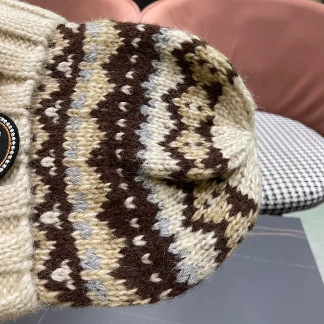 Burberry Fair Isle Beige Brown Knit Ribbed Cuff Beanie 4