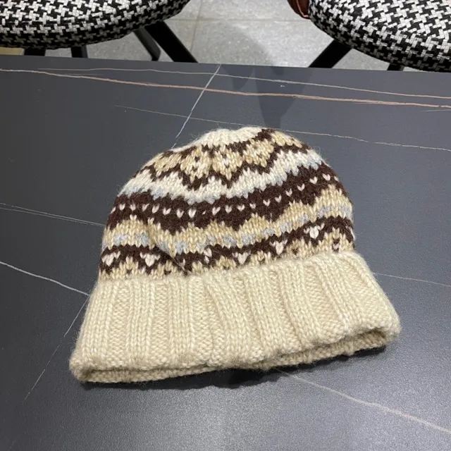 Burberry Fair Isle Beige Brown Knit Ribbed Cuff Beanie 6