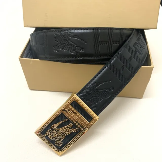 Burberry Knight Black Gold Embossed Logo Rectangular Buckle Leather Belt 2