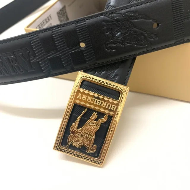 Burberry Knight Black Gold Embossed Logo Rectangular Buckle Leather Belt 4