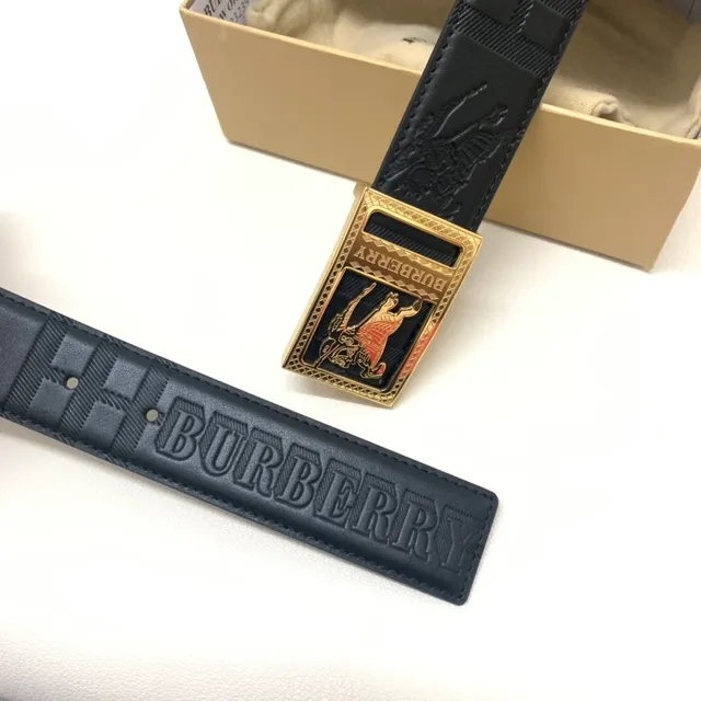 Burberry Knight Black Gold Embossed Logo Rectangular Buckle Leather Belt 5