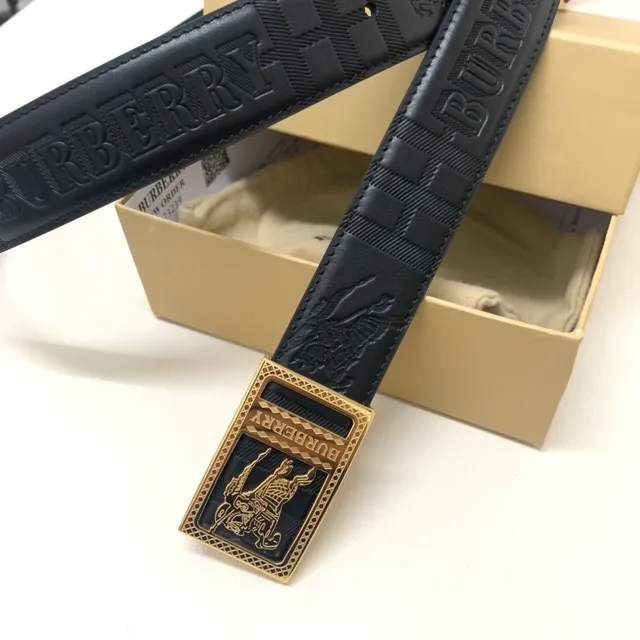 Burberry Knight Black Gold Embossed Logo Rectangular Buckle Leather Belt 6