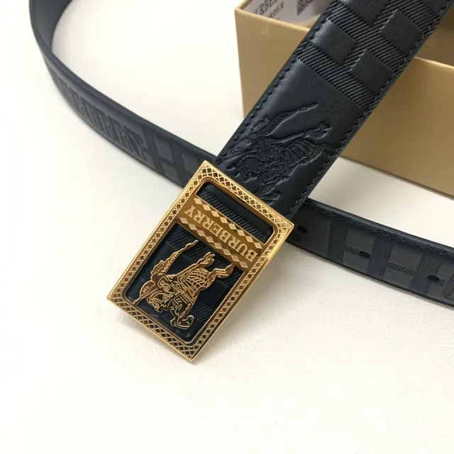 Burberry Knight Black Gold Embossed Logo Rectangular Buckle Leather Belt 7