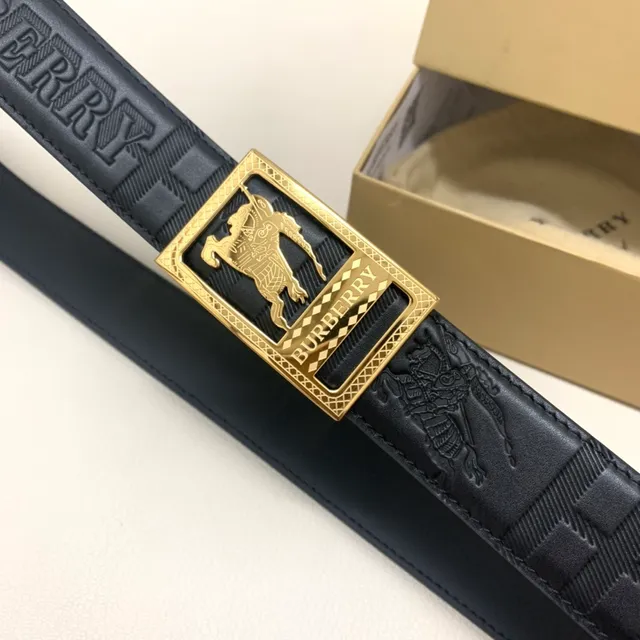 Burberry Knight Black Gold Embossed Logo Rectangular Buckle Leather Belt 8
