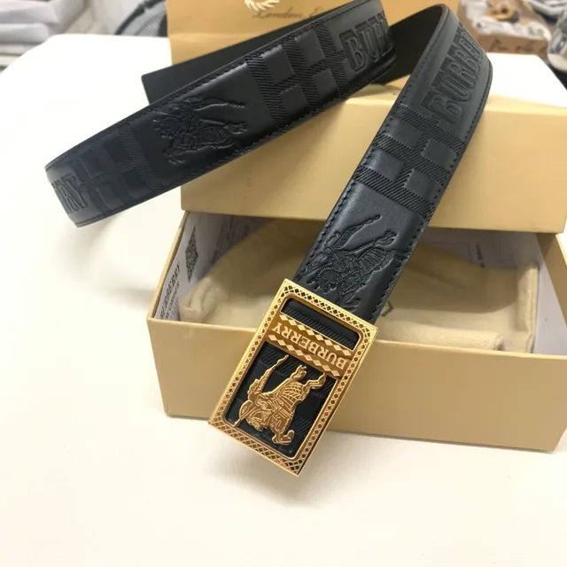 Burberry Knight Black Gold Embossed Logo Rectangular Buckle Leather Belt 9