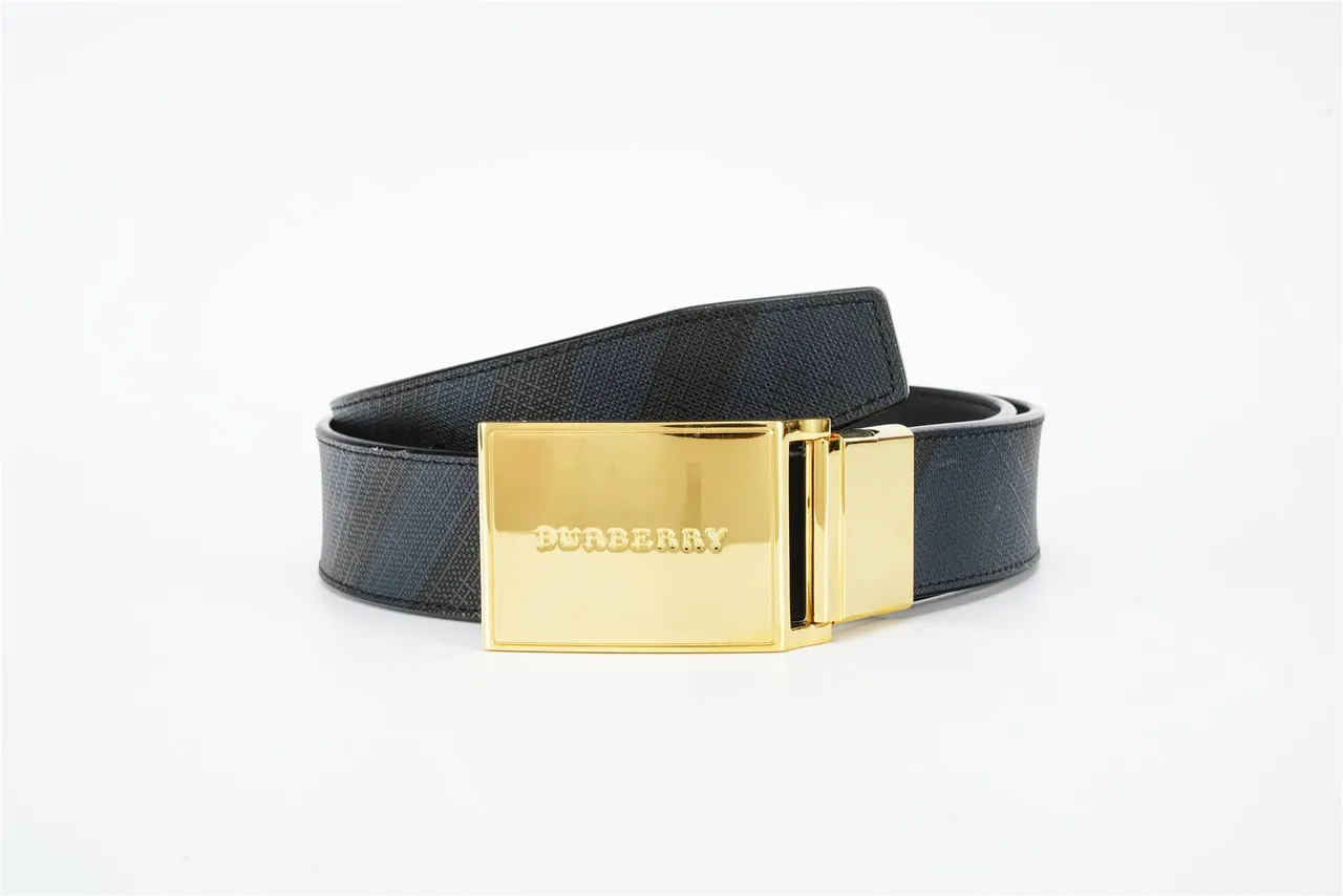 Burberry Knight Black Gold Rectangular Buckle Textured Strap Leather Belt 4