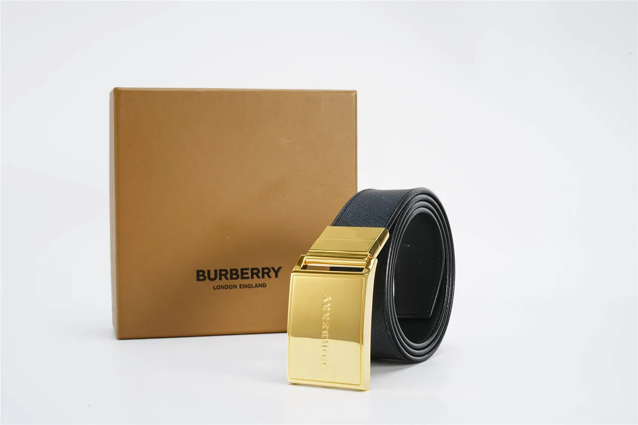 Burberry Knight Black Gold Rectangular Buckle Textured Strap Leather Belt 6