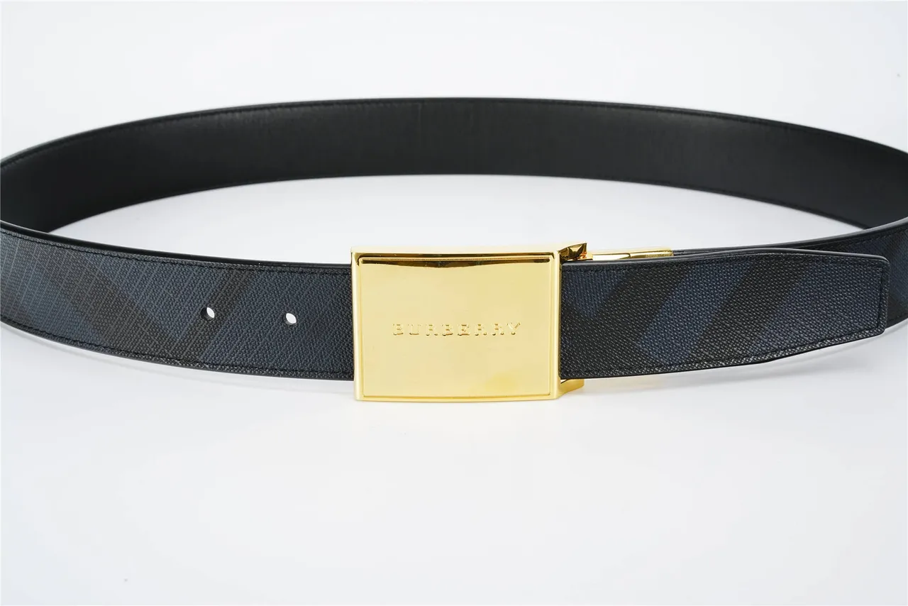 Burberry Knight Black Gold Rectangular Buckle Textured Strap Leather Belt 7