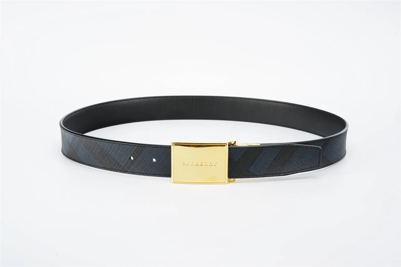 Burberry Knight Black Gold Rectangular Buckle Textured Strap Leather Belt 8