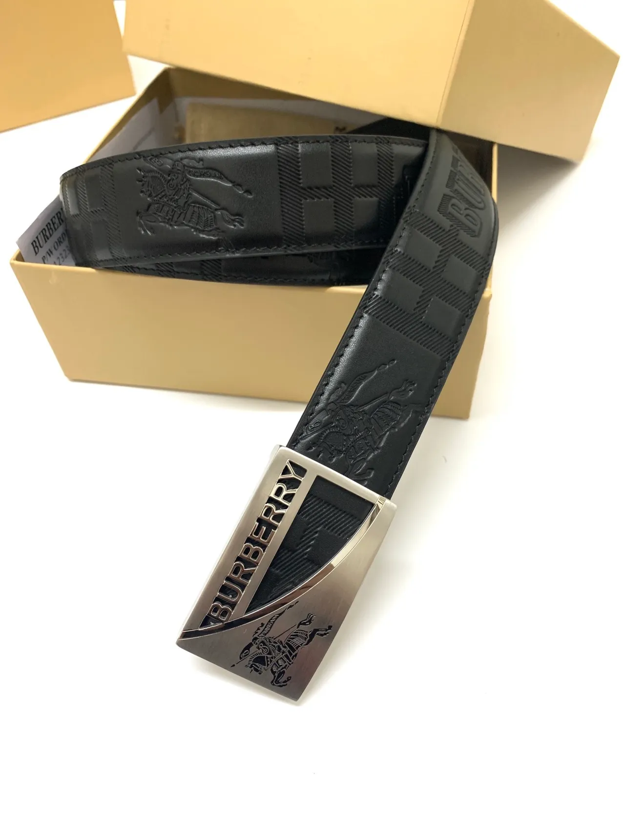 Burberry Knight Black Silver Embossed Logo Check Pattern Leather Belt 2