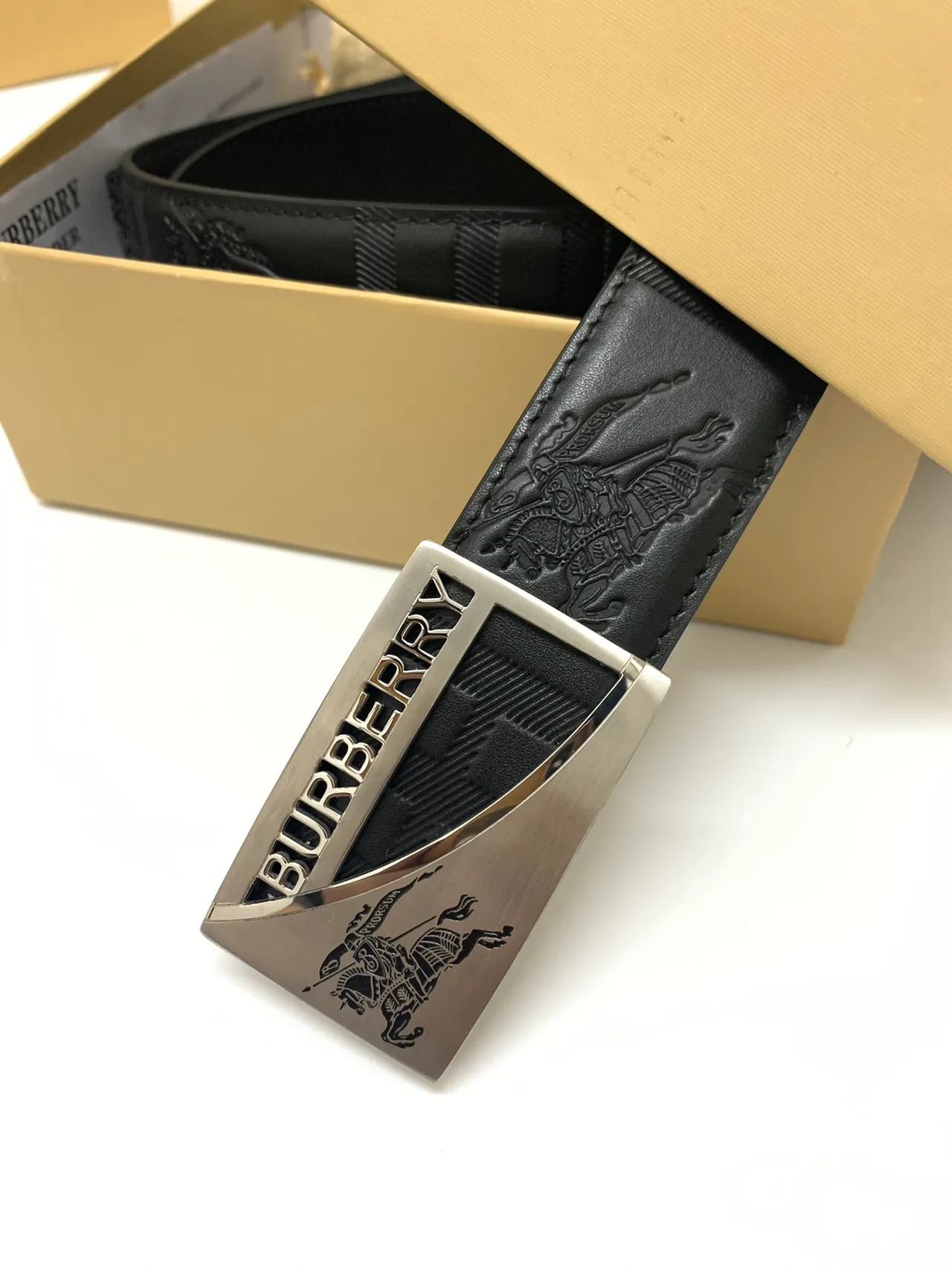 Burberry Knight Black Silver Embossed Logo Check Pattern Leather Belt 3