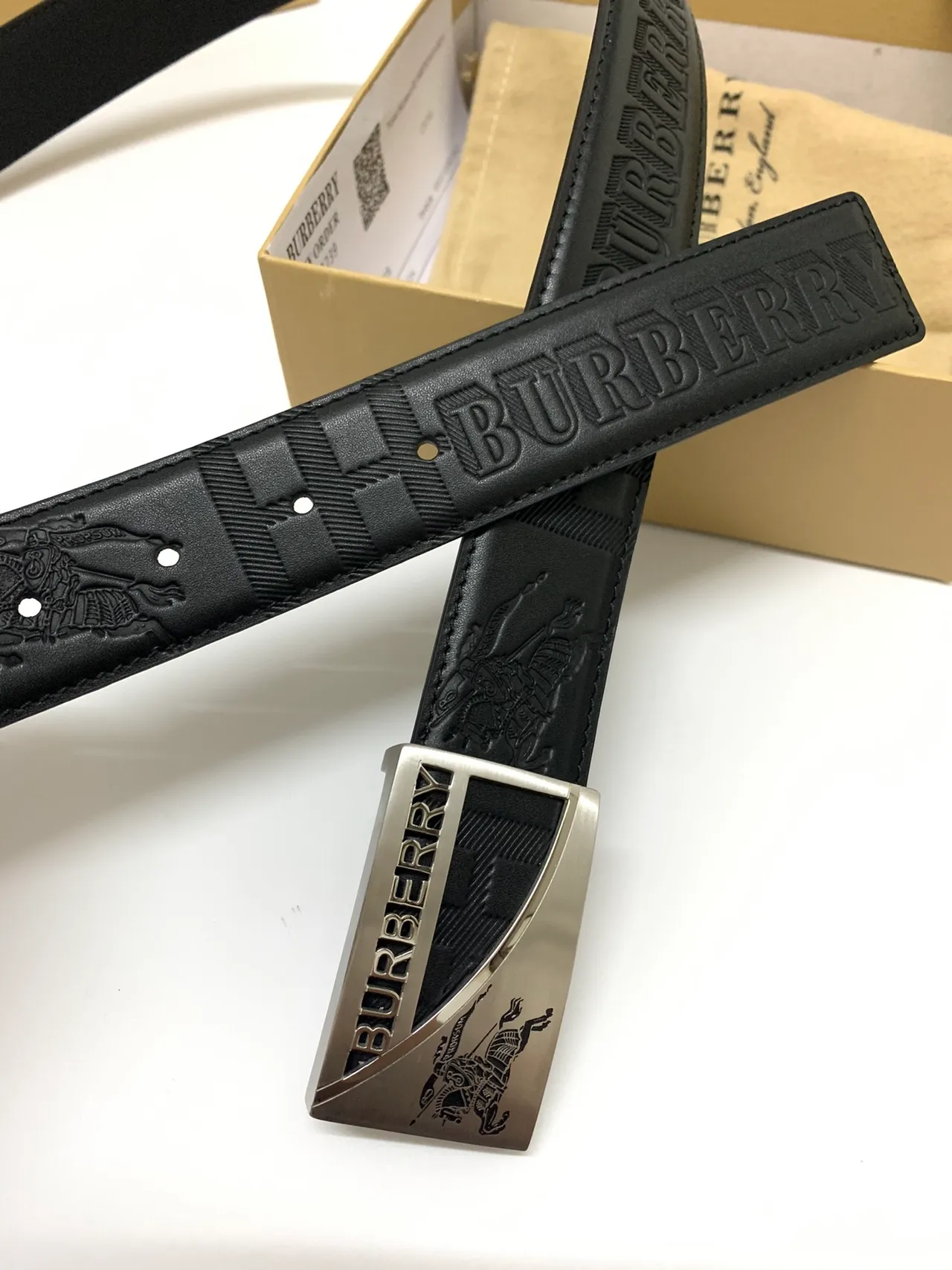 Burberry Knight Black Silver Embossed Logo Check Pattern Leather Belt 4