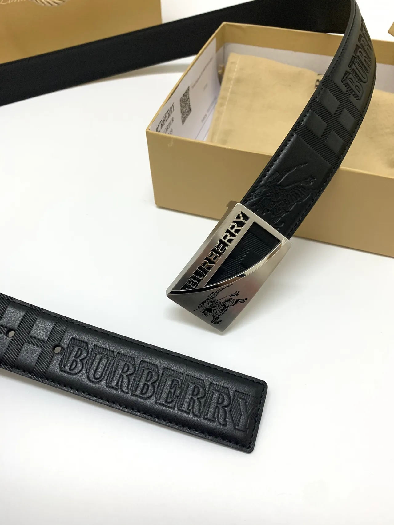 Burberry Knight Black Silver Embossed Logo Check Pattern Leather Belt 5