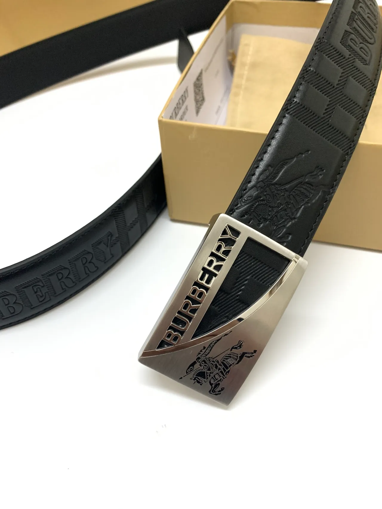 Burberry Knight Black Silver Embossed Logo Check Pattern Leather Belt 6