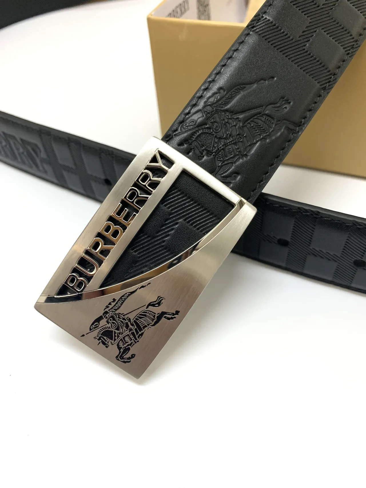 Burberry Knight Black Silver Embossed Logo Check Pattern Leather Belt 7