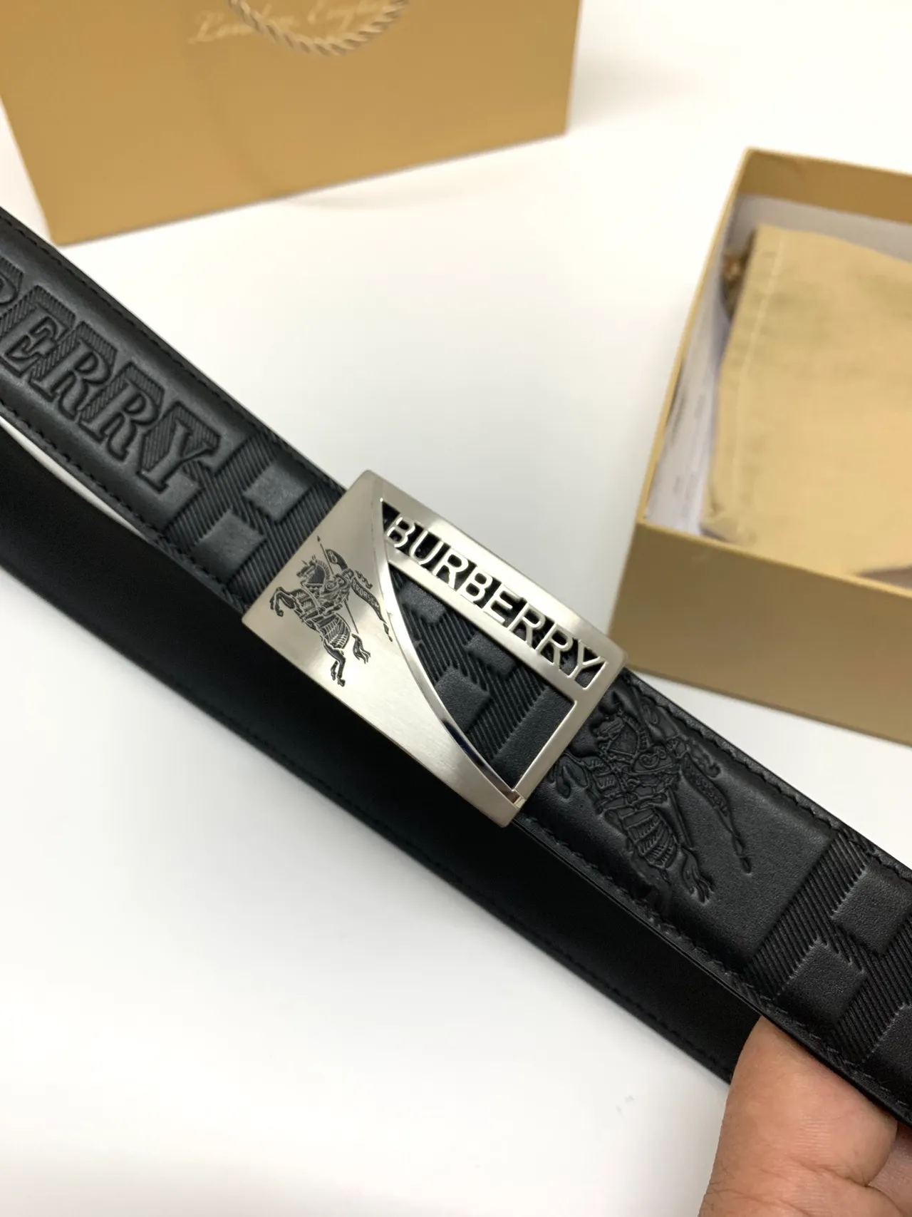 Burberry Knight Black Silver Embossed Logo Check Pattern Leather Belt 8