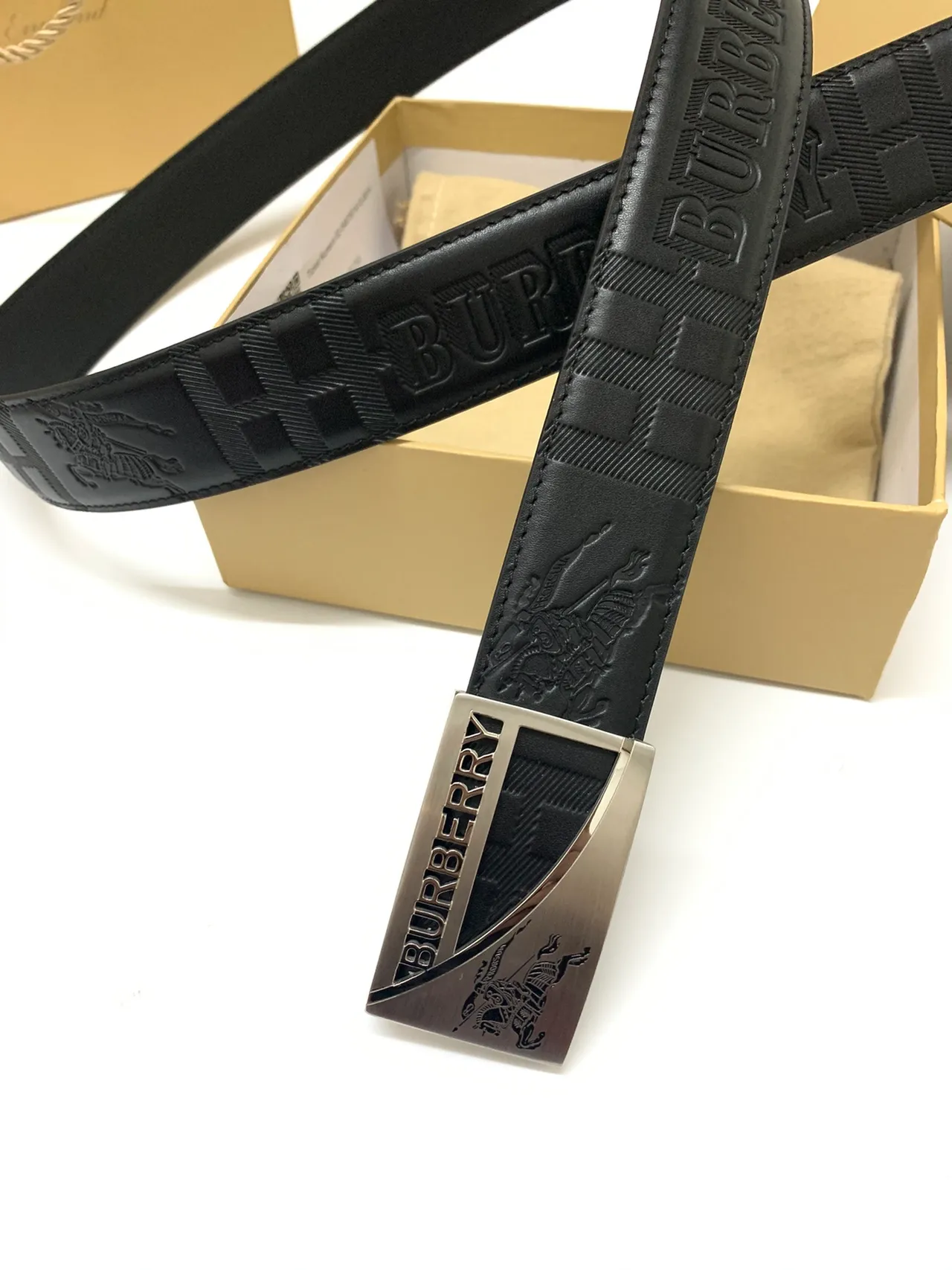 Burberry Knight Black Silver Embossed Logo Check Pattern Leather Belt 9
