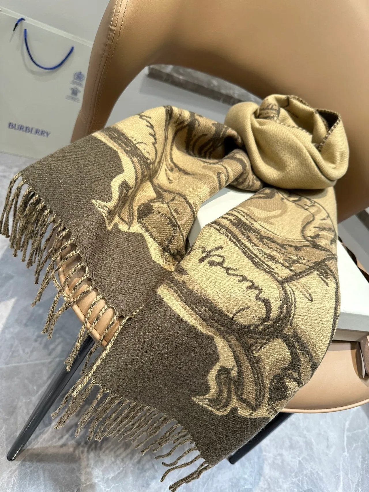 Burberry Knight Sketch Beige Brown Shawl 8