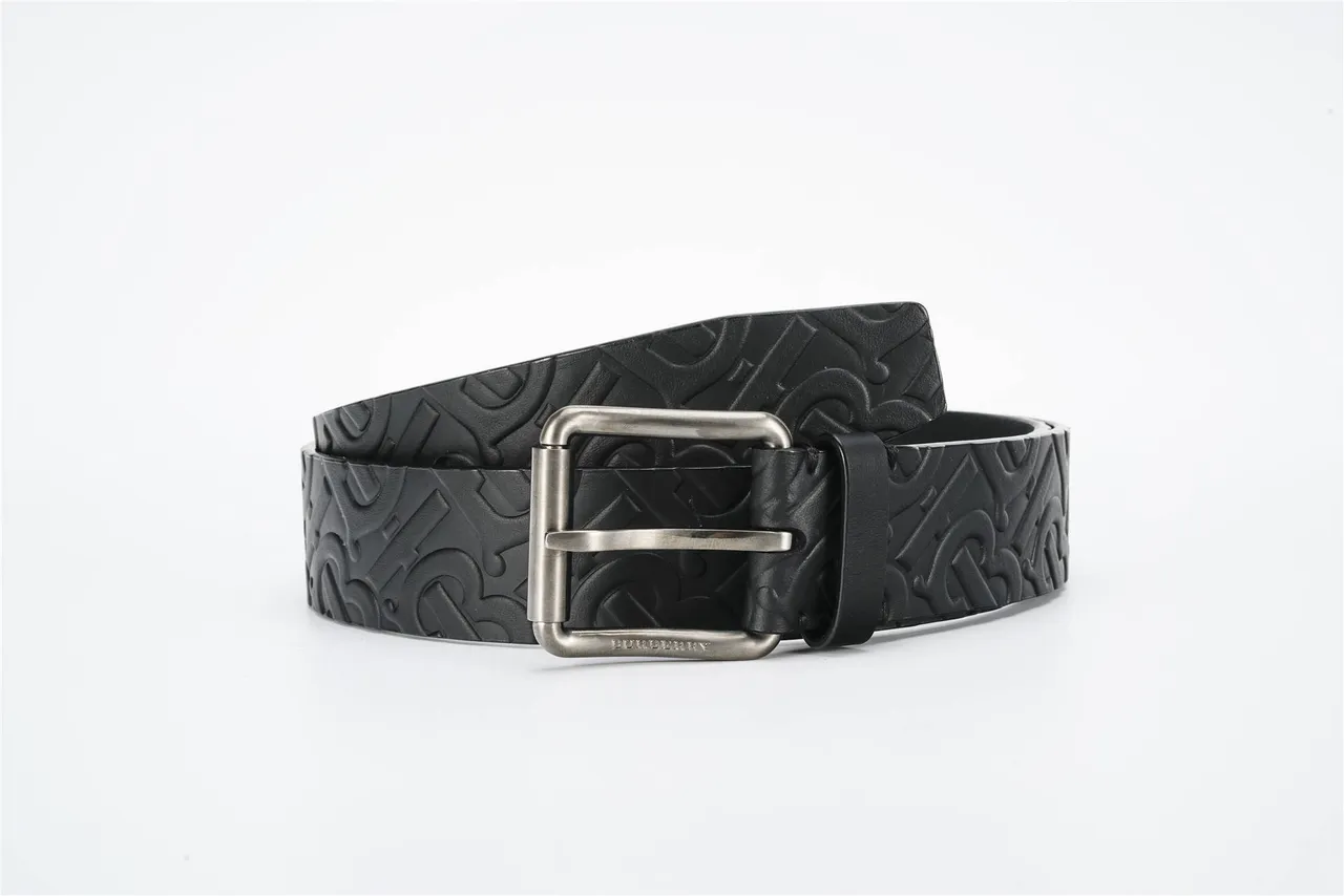 Burberry Monogram Black Silver Embossed Aged Metal Buckle Leather Belt 4