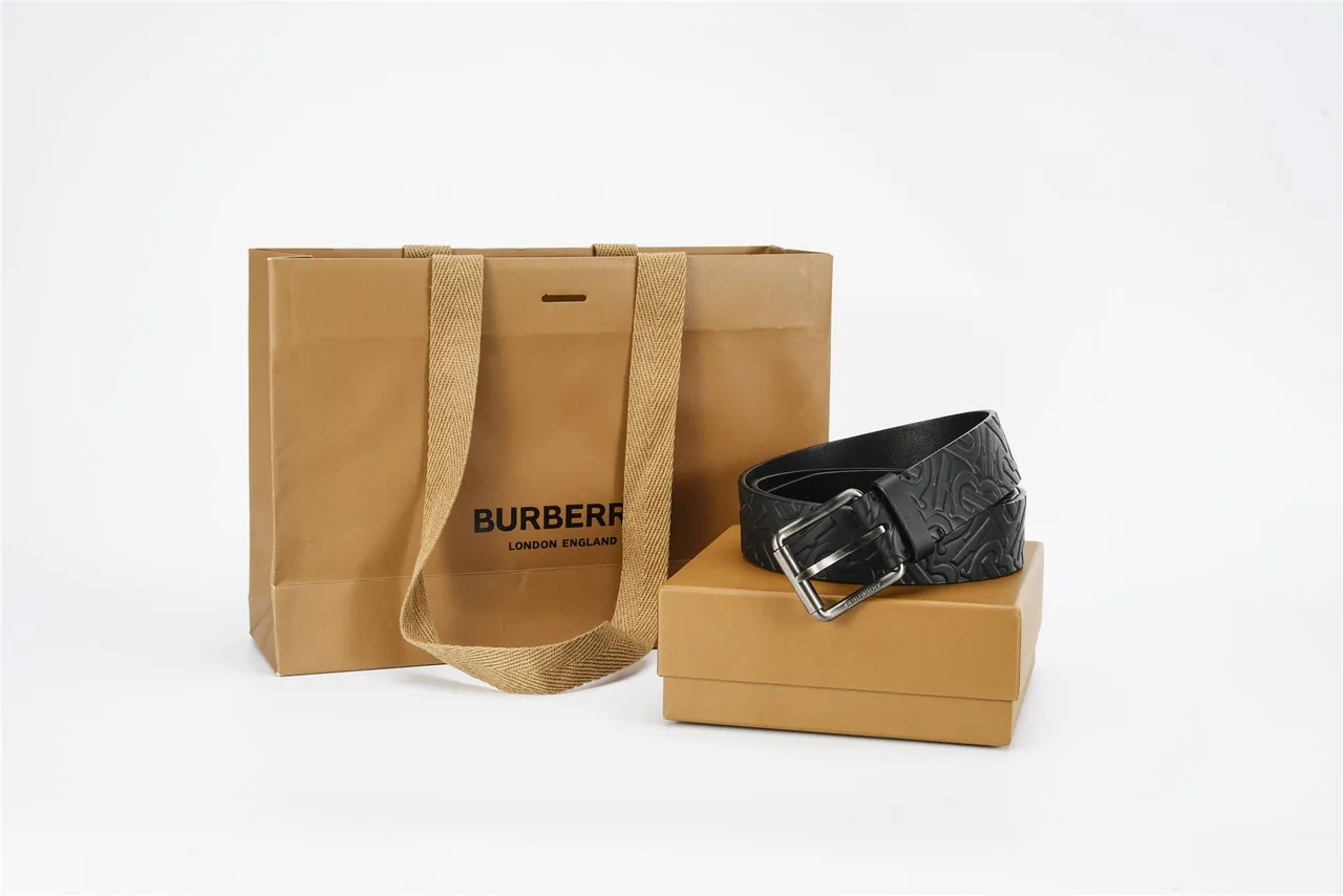 Burberry Monogram Black Silver Embossed Aged Metal Buckle Leather Belt 5