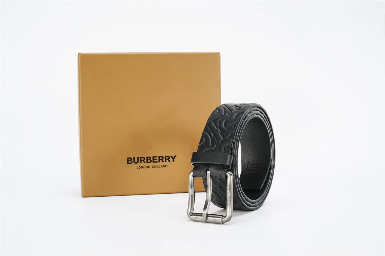 Burberry Monogram Black Silver Embossed Aged Metal Buckle Leather Belt 6