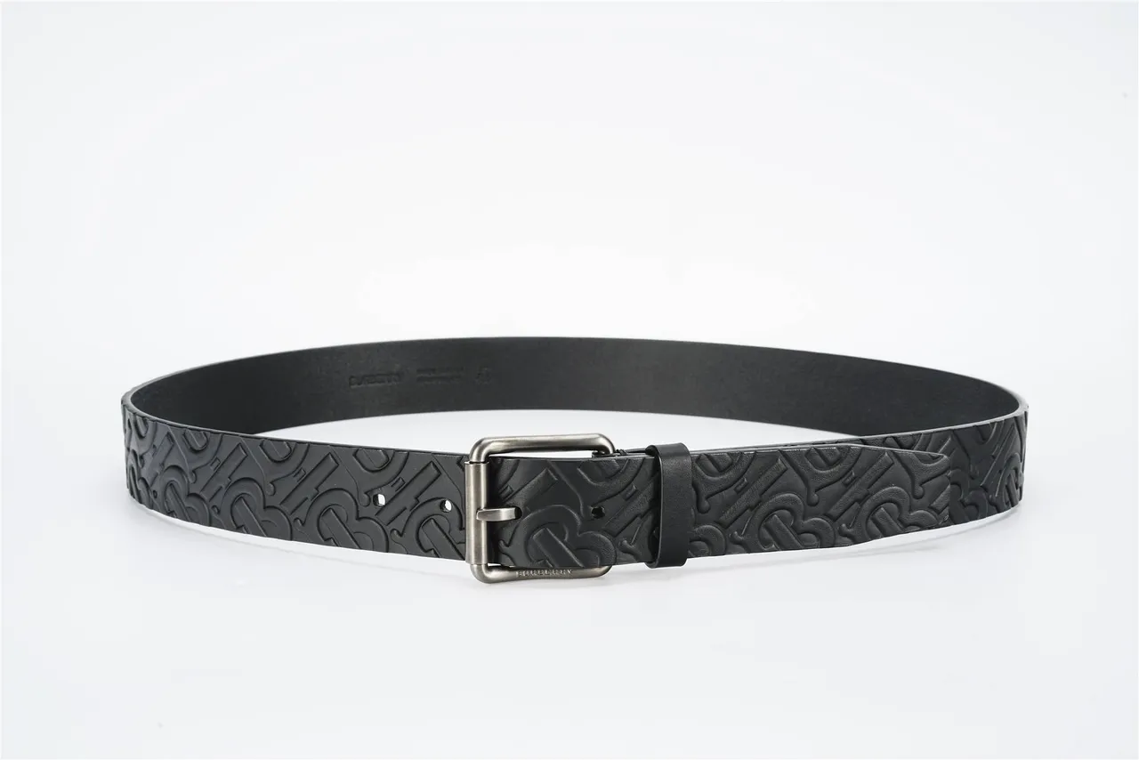 Burberry Monogram Black Silver Embossed Aged Metal Buckle Leather Belt 8