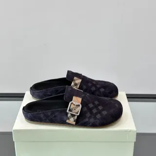 Burberry Navy Beige Quilted Suede-Like Upper Mule Silhouette Loafer