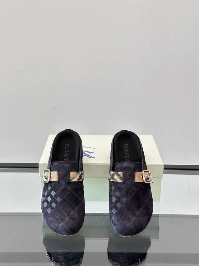 Burberry Navy Beige Matelassé Daim Synthétique Mule Loafer 3