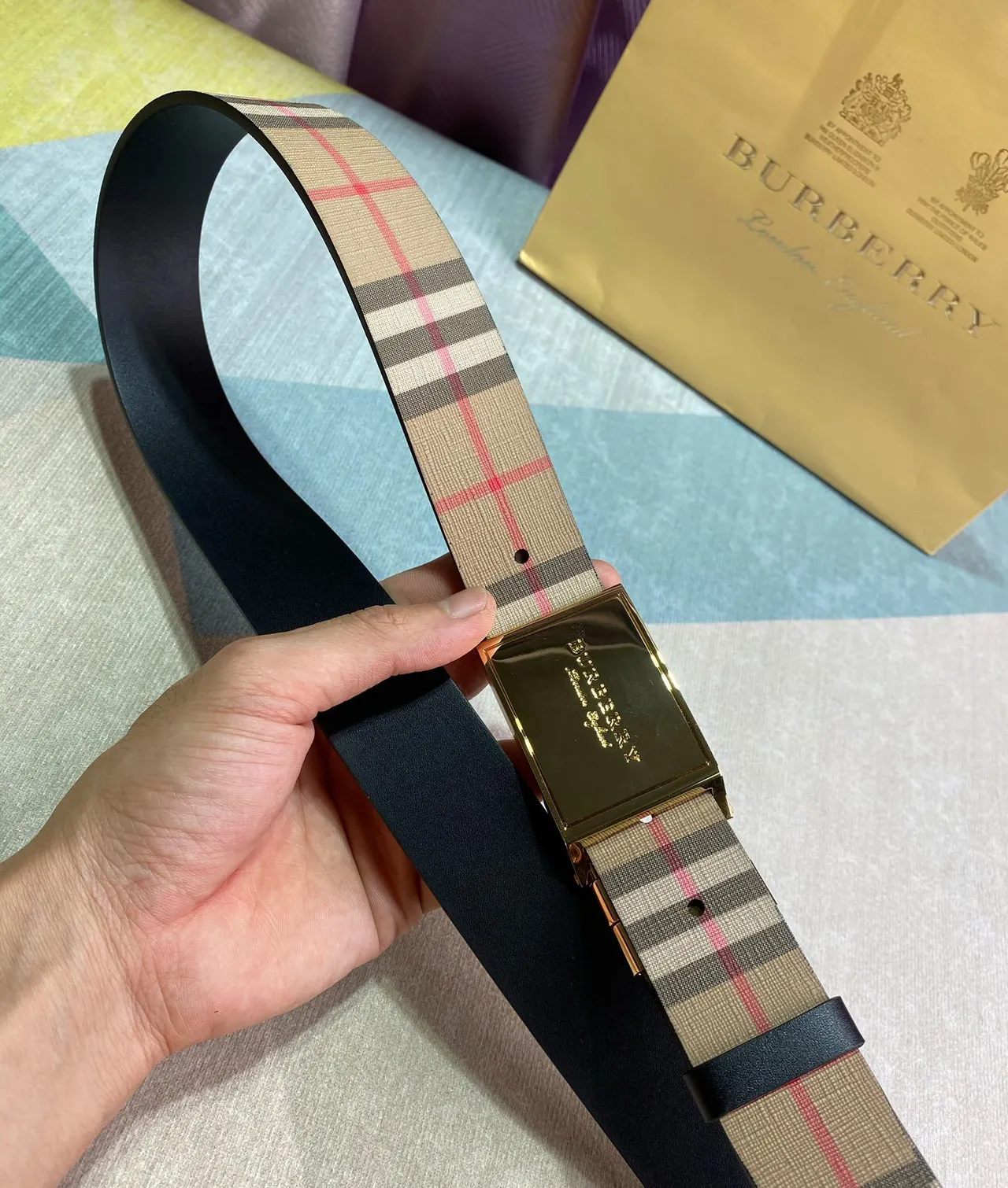 Burberry Reversible Nova Check Belt Beige Black Pattern Leather Belt 7