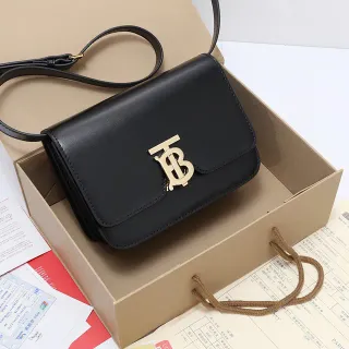 Burberry TB Bag Black Gold Structured Flap Smooth Leather Messenger Bag
