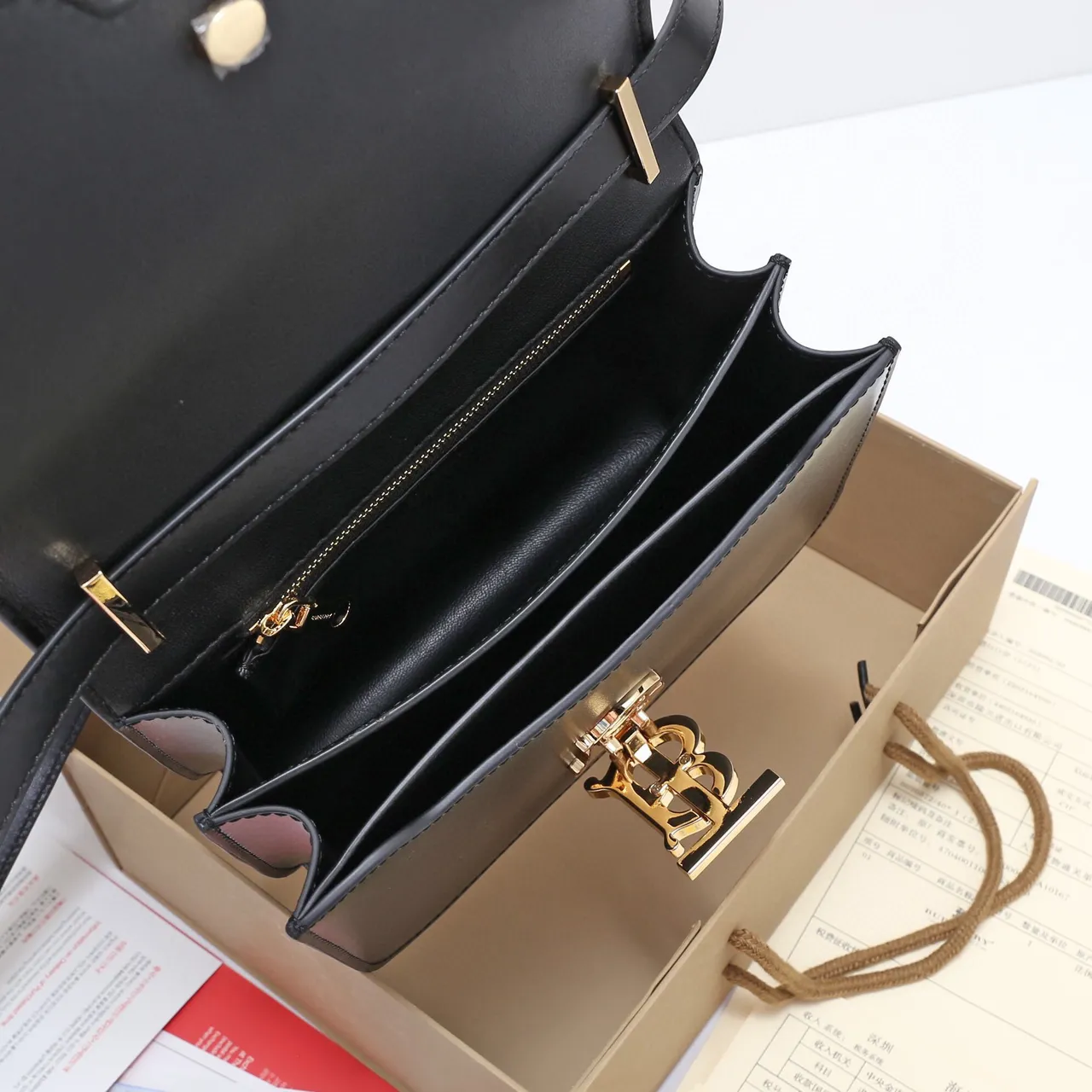 Burberry TB Bag Black Gold Structured Flap Smooth Leather Messenger Bag 2