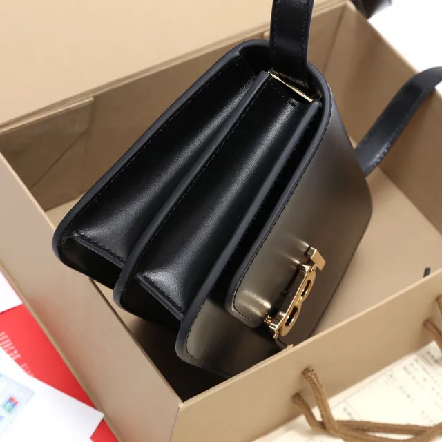 Burberry TB Bag Black Gold Structured Flap Smooth Leather Messenger Bag 3