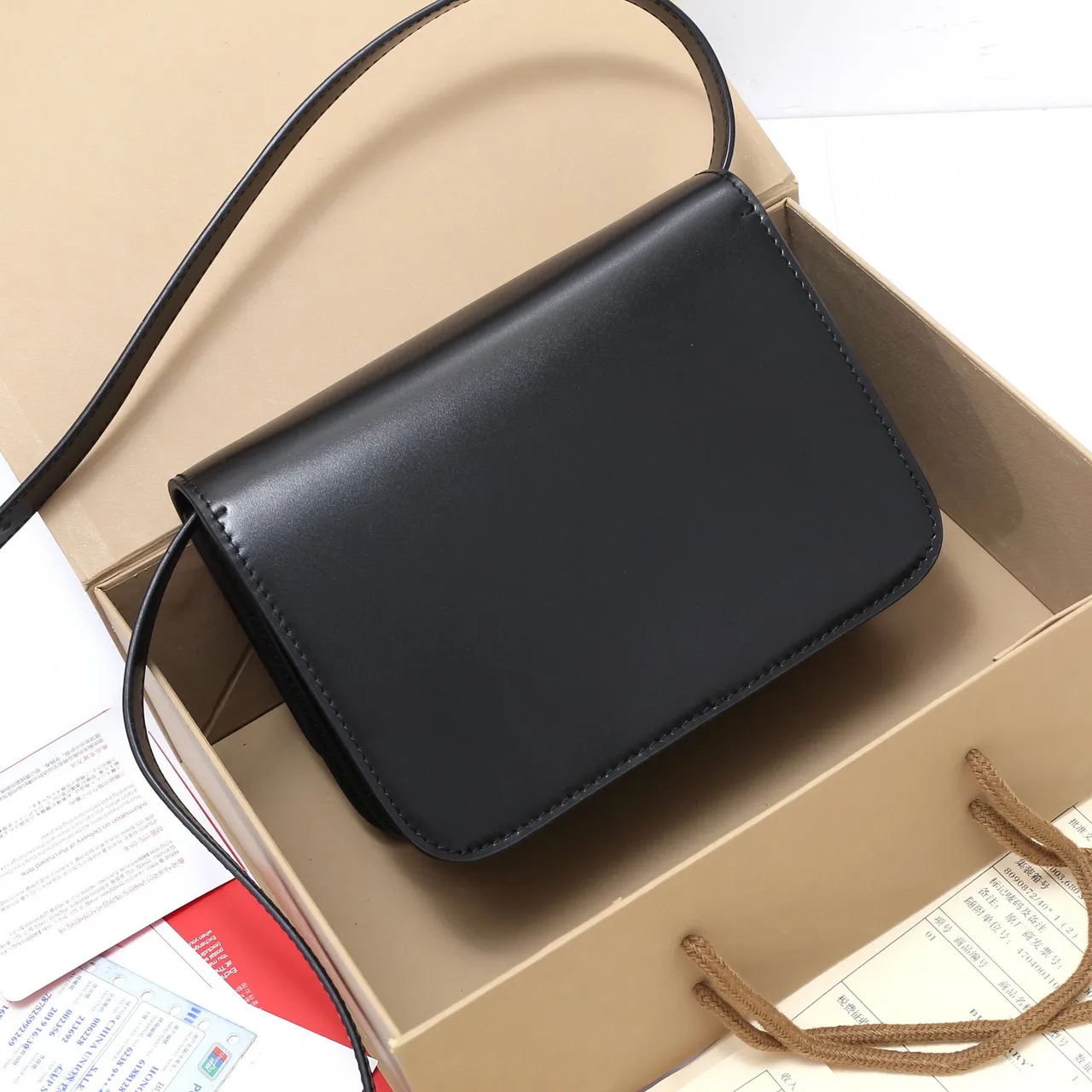 Burberry TB Bag Black Gold Structured Flap Smooth Leather Messenger Bag 4