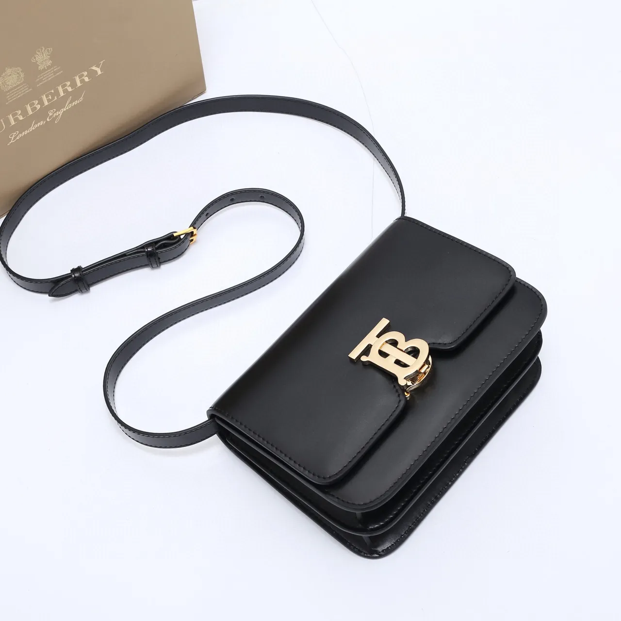 Burberry TB Bag Black Gold Structured Flap Smooth Leather Messenger Bag 5