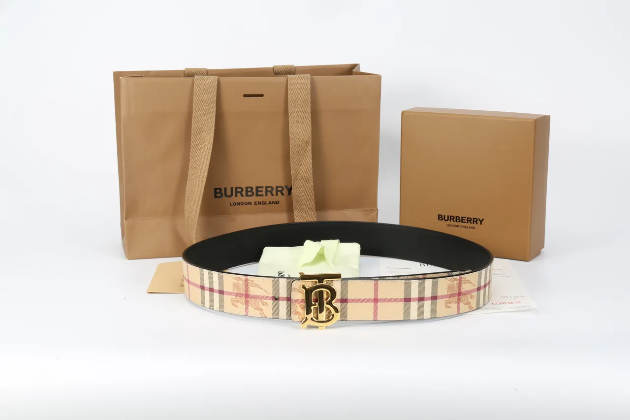 Burberry TB Belt Ceinture en cuir motifs à carreaux beige finition dorée 2
